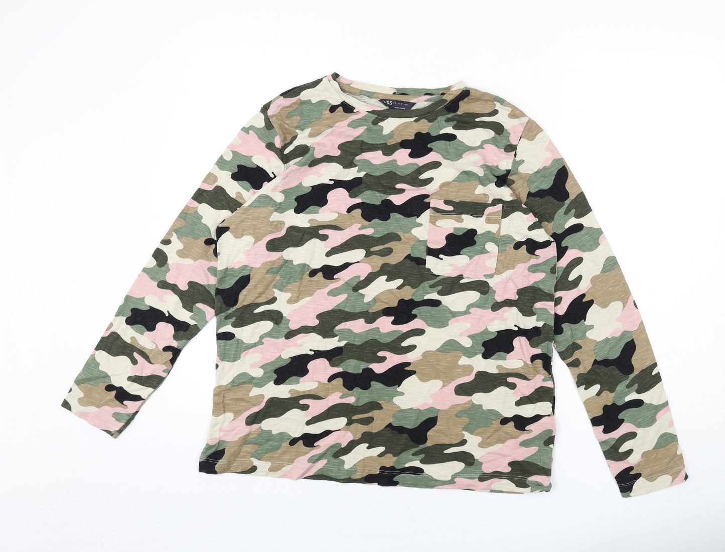 Marks and Spencer Womens Multicoloured Camouflage Cotton Basic T-Shirt Size 12 Round Neck