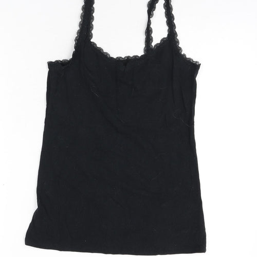 Marks and Spencer Womens Black Cotton Camisole Tank Size 12 Scoop Neck - Lace Trim