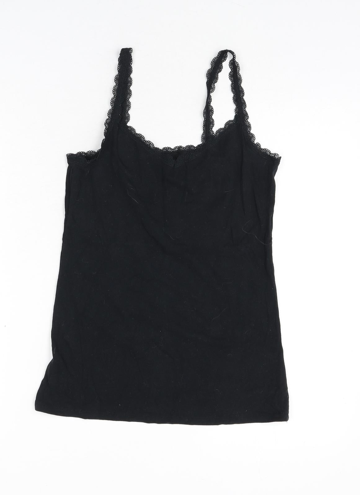 Marks and Spencer Womens Black Cotton Camisole Tank Size 12 Scoop Neck - Lace Trim
