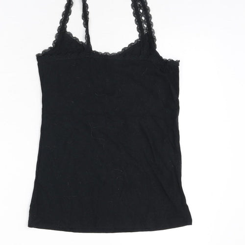 Marks and Spencer Womens Black Cotton Camisole Tank Size 12 Scoop Neck - Lace Trim