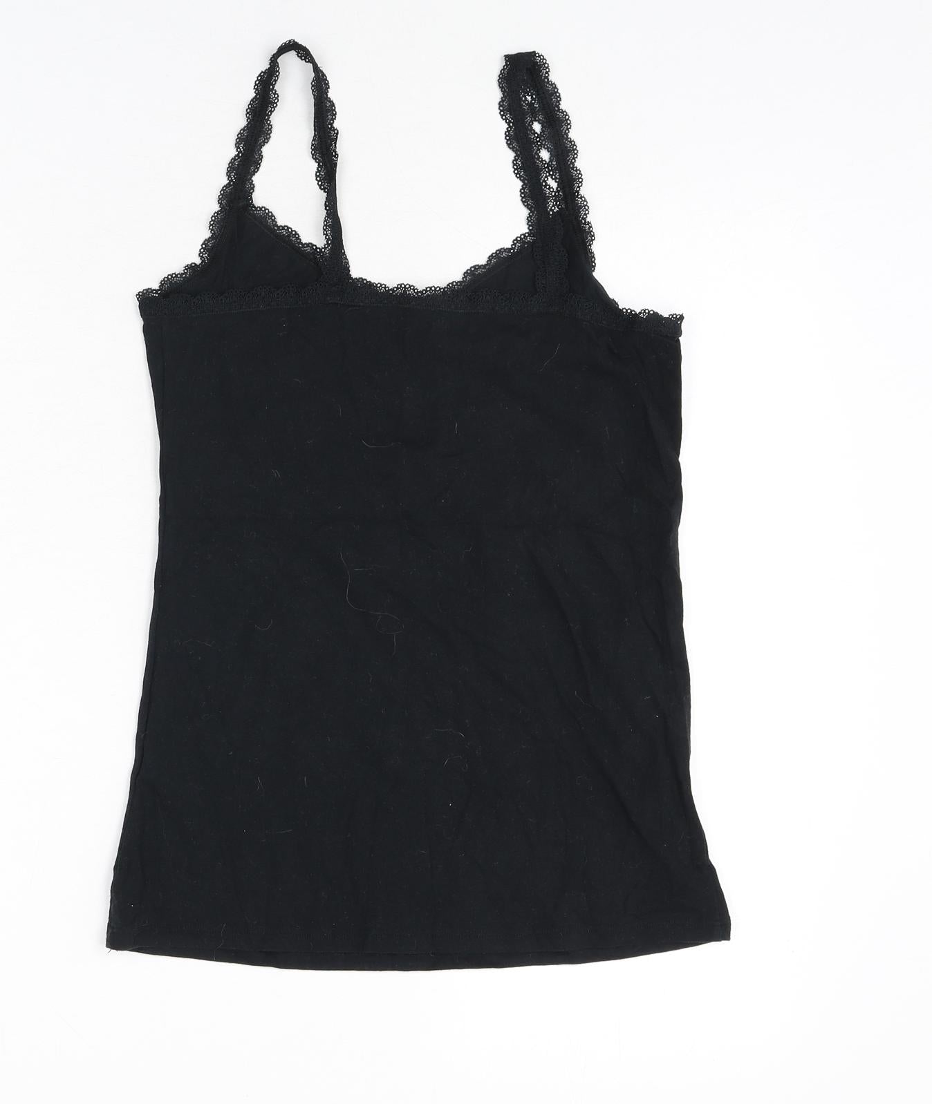 Marks and Spencer Womens Black Cotton Camisole Tank Size 12 Scoop Neck - Lace Trim