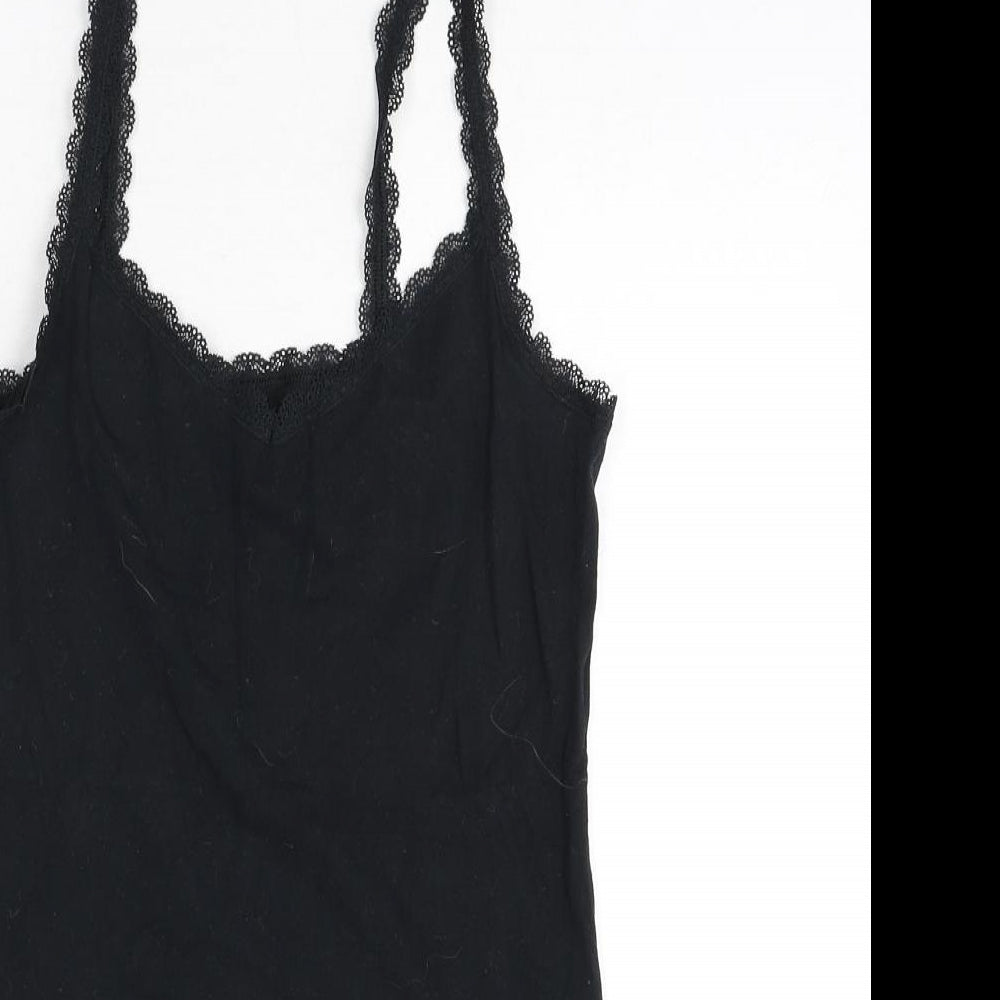Marks and Spencer Womens Black Cotton Camisole Tank Size 12 Scoop Neck - Lace Trim