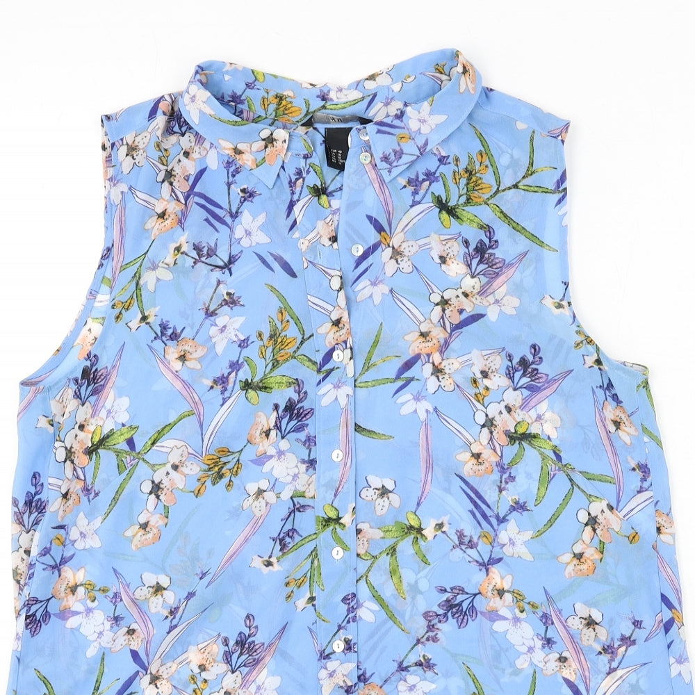 H&M Womens Blue Floral Polyester Basic Tank Size 14 Collared