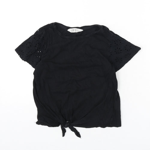 H&M Girls Black 100% Cotton Basic T-Shirt Size 10-11 Years Round Neck Pullover - Floral Detail, Tie Front, 10-12