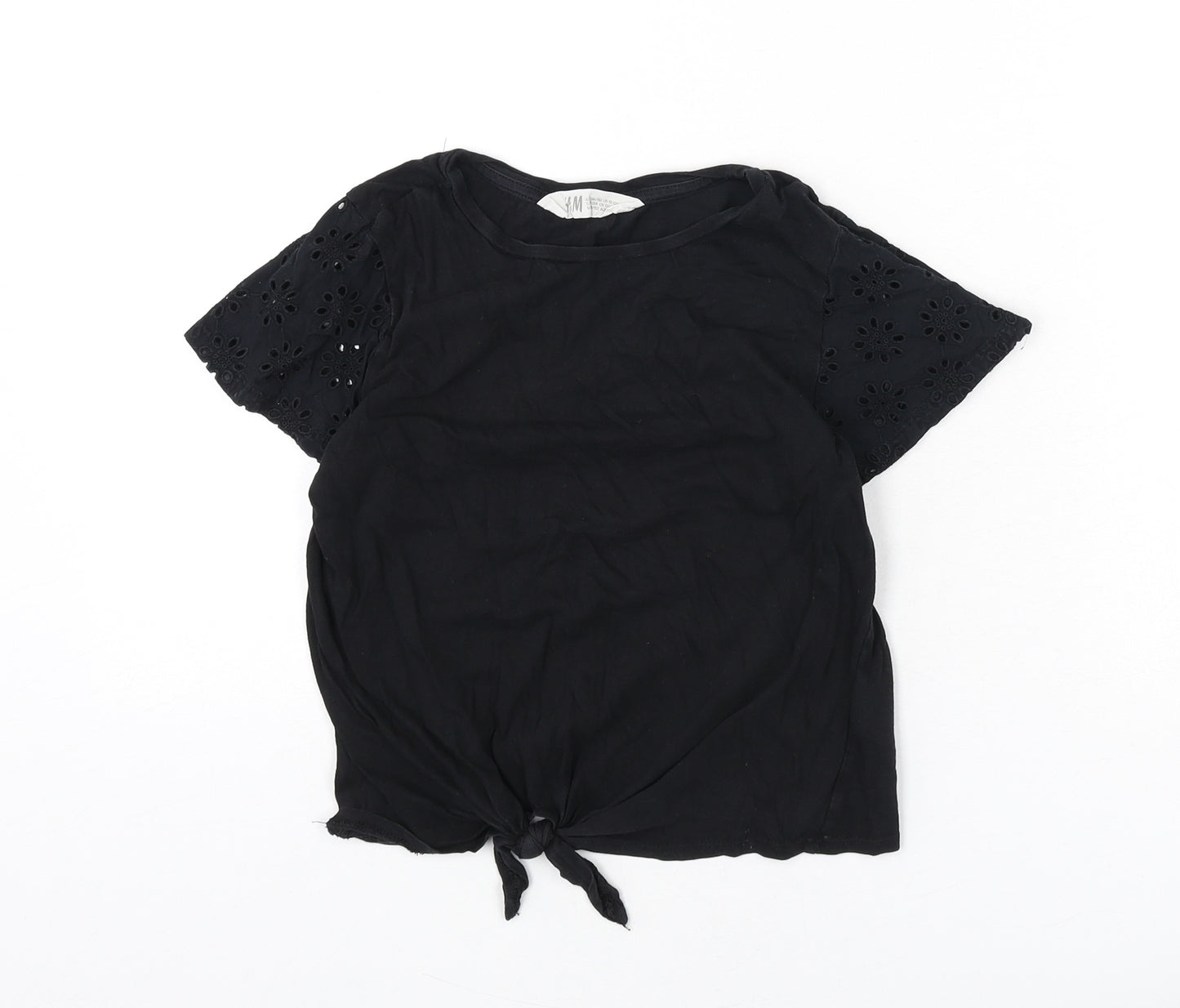 H&M Girls Black 100% Cotton Basic T-Shirt Size 10-11 Years Round Neck Pullover - Floral Detail, Tie Front, 10-12