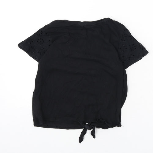 H&M Girls Black 100% Cotton Basic T-Shirt Size 10-11 Years Round Neck Pullover - Floral Detail, Tie Front, 10-12