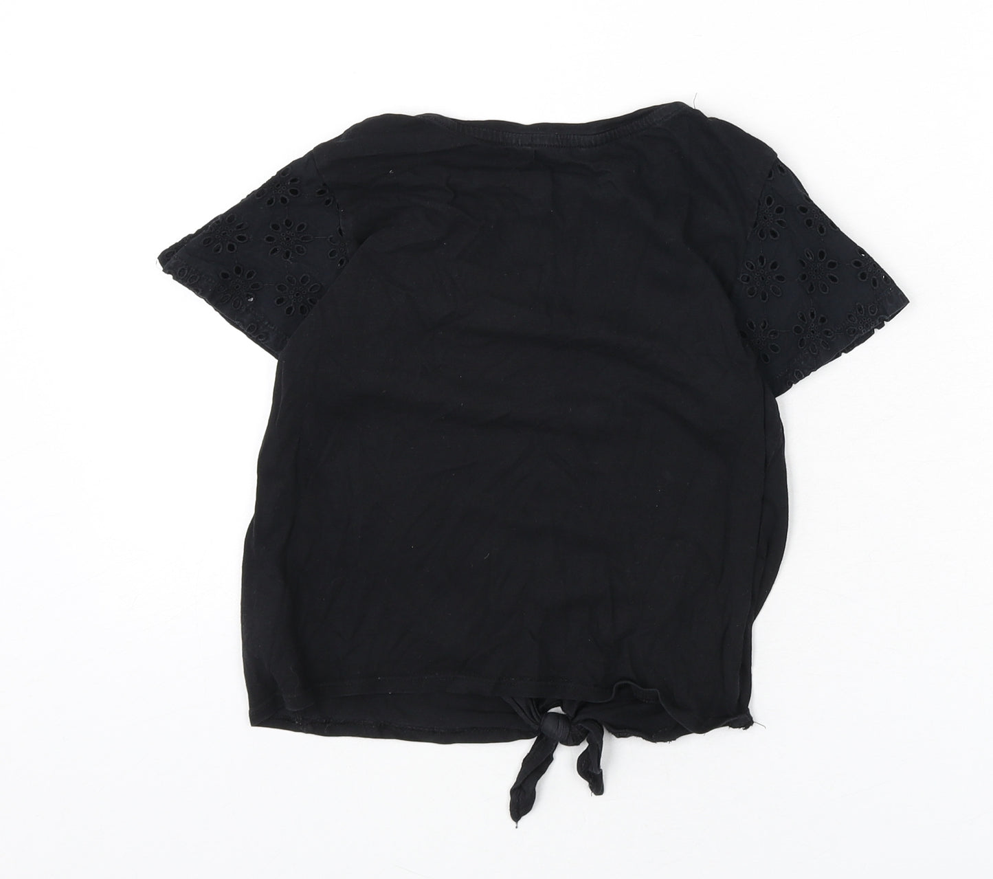 H&M Girls Black 100% Cotton Basic T-Shirt Size 10-11 Years Round Neck Pullover - Floral Detail, Tie Front, 10-12