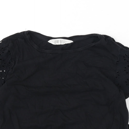 H&M Girls Black 100% Cotton Basic T-Shirt Size 10-11 Years Round Neck Pullover - Floral Detail, Tie Front, 10-12