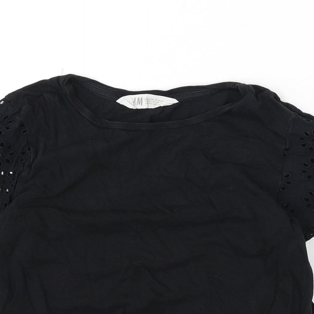 H&M Girls Black 100% Cotton Basic T-Shirt Size 10-11 Years Round Neck Pullover - Floral Detail, Tie Front, 10-12