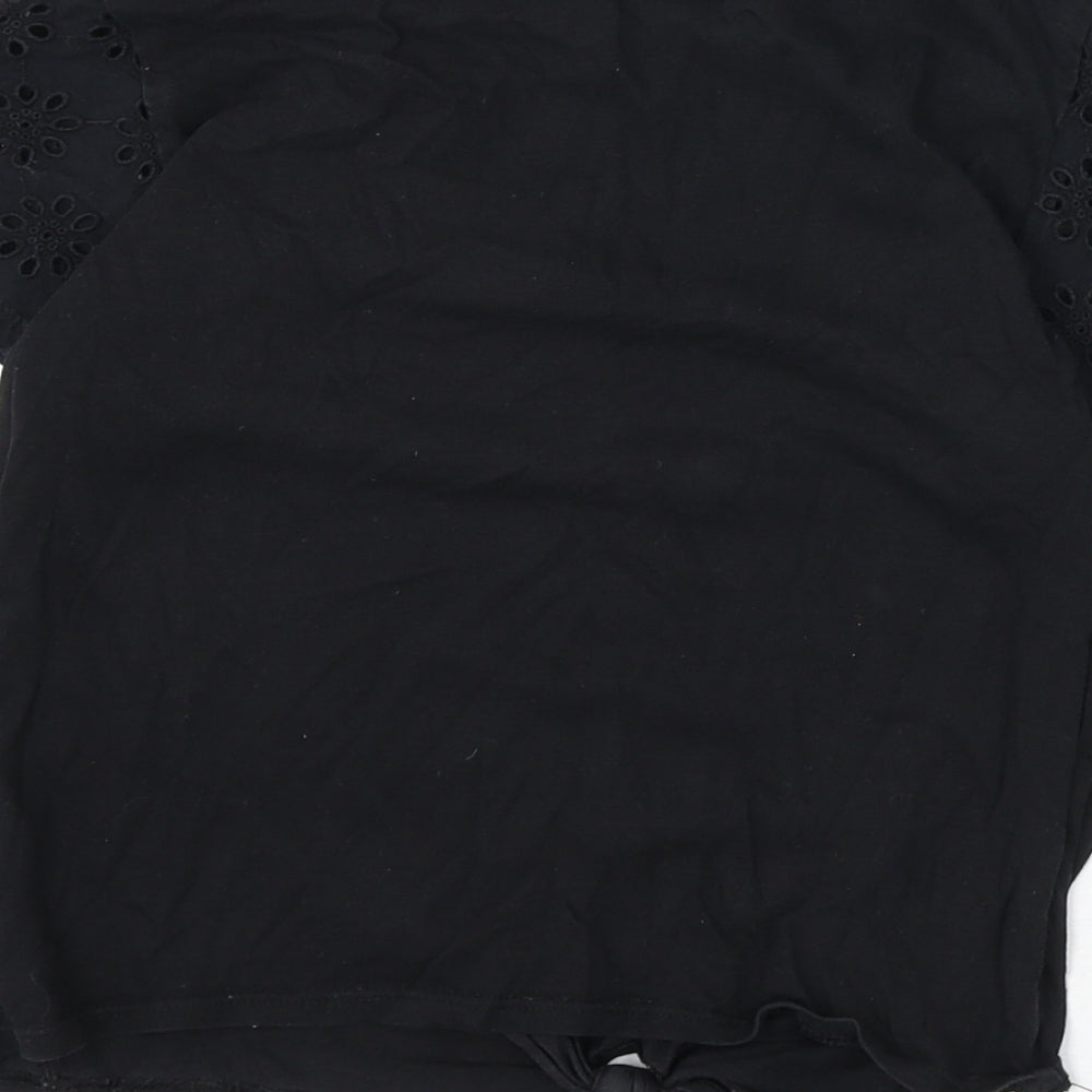 H&M Girls Black 100% Cotton Basic T-Shirt Size 10-11 Years Round Neck Pullover - Floral Detail, Tie Front, 10-12