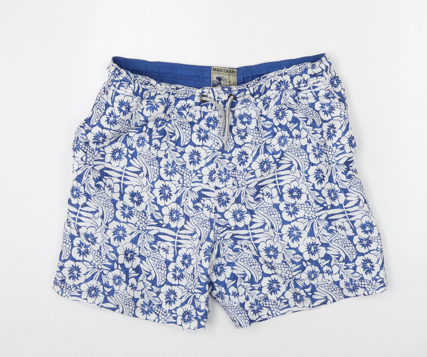 MANTARAY PRODUCTS Mens Blue Floral Polyester Bermuda Shorts Size M L6 in Regular Drawstring - Swim Short