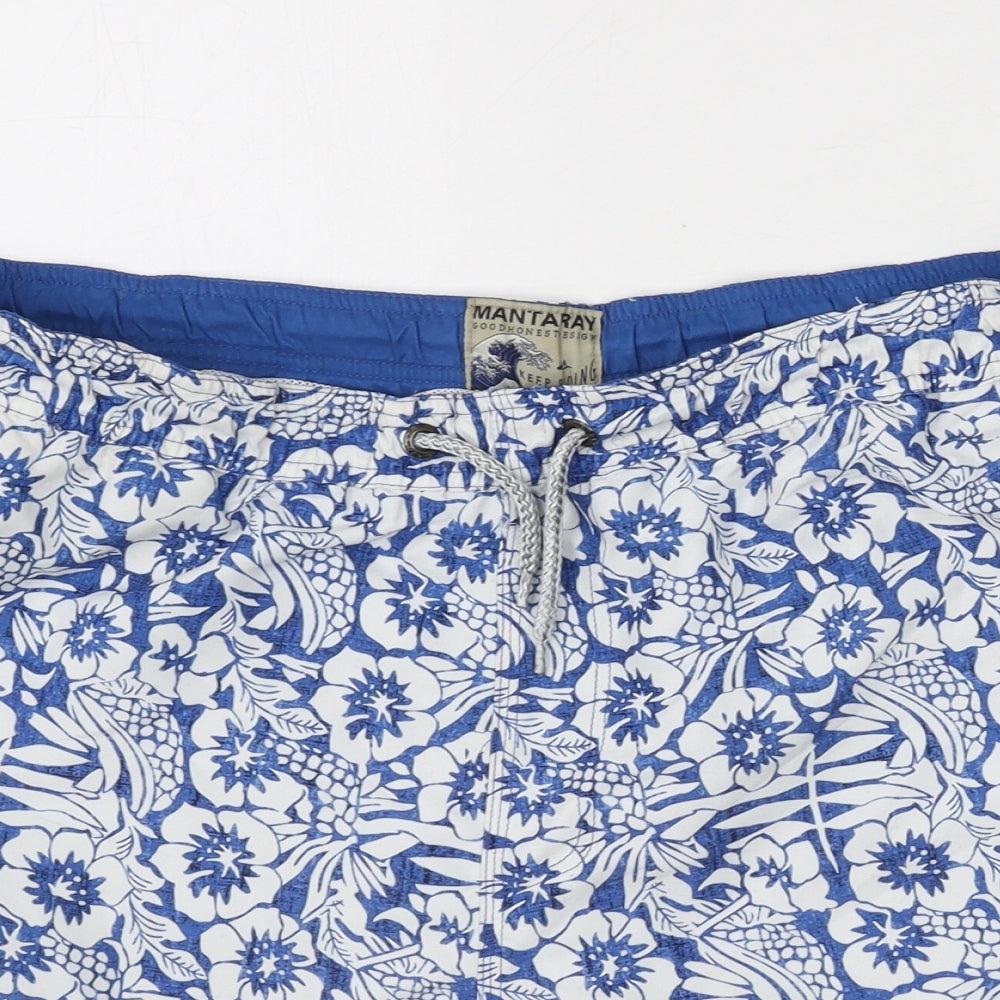 MANTARAY PRODUCTS Mens Blue Floral Polyester Bermuda Shorts Size M L6 in Regular Drawstring - Swim Short