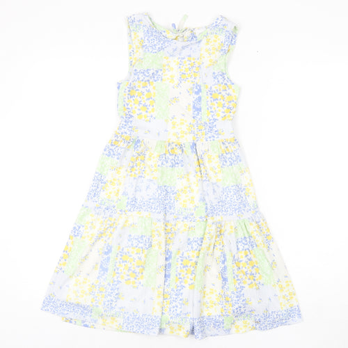 Zara Girls Multicoloured Floral Cotton Fit & Flare Size 10 Years Round Neck Button - Tie Detail