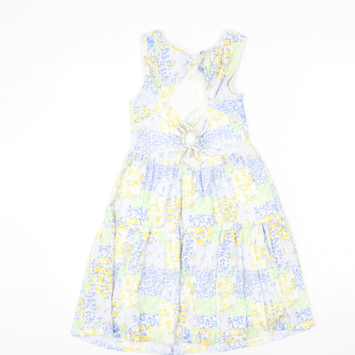 Zara Girls Multicoloured Floral Cotton Fit & Flare Size 10 Years Round Neck Button - Tie Detail