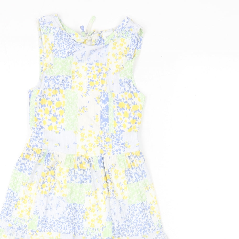 Zara Girls Multicoloured Floral Cotton Fit & Flare Size 10 Years Round Neck Button - Tie Detail