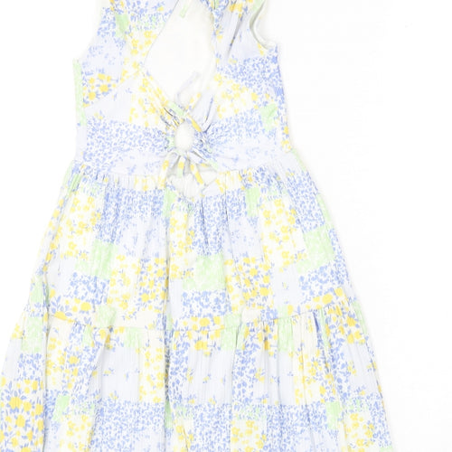 Zara Girls Multicoloured Floral Cotton Fit & Flare Size 10 Years Round Neck Button - Tie Detail