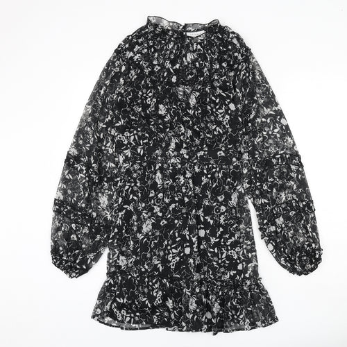 Topshop Womens Black Floral Polyester Sheath Size 10 Mock Neck Button