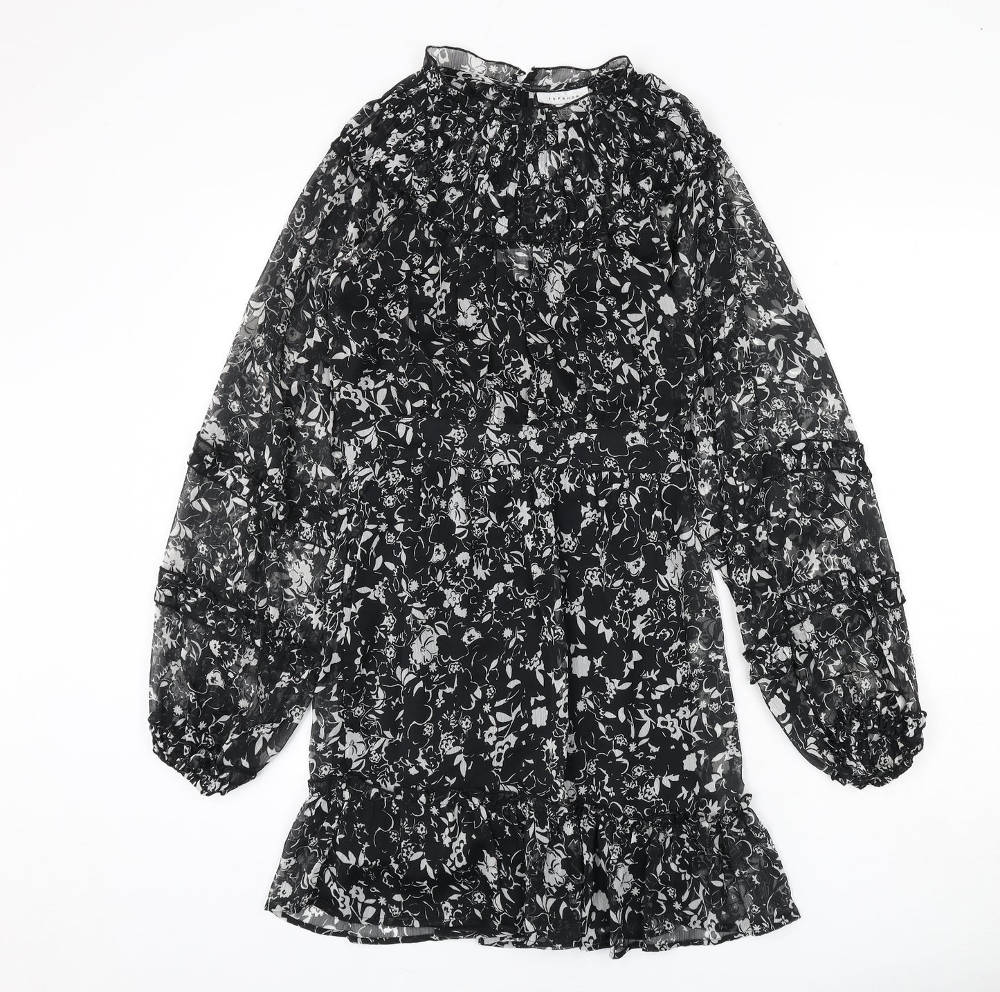 Topshop Womens Black Floral Polyester Sheath Size 10 Mock Neck Button