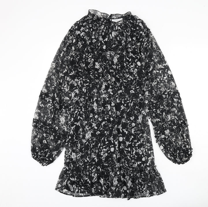 Topshop Womens Black Floral Polyester Sheath Size 10 Mock Neck Button