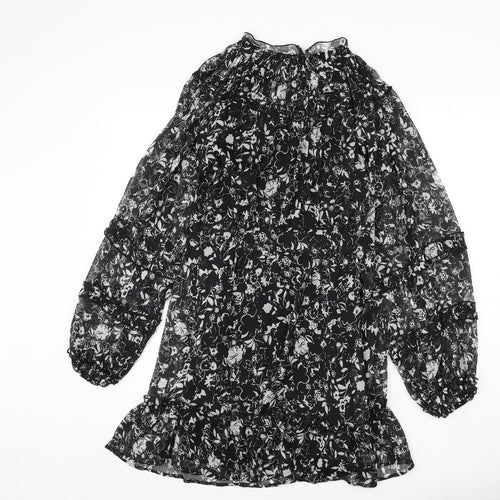 Topshop Womens Black Floral Polyester Sheath Size 10 Mock Neck Button