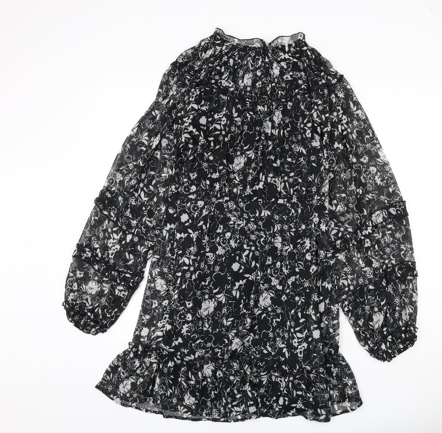 Topshop Womens Black Floral Polyester Sheath Size 10 Mock Neck Button