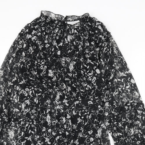 Topshop Womens Black Floral Polyester Sheath Size 10 Mock Neck Button