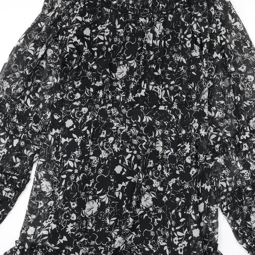 Topshop Womens Black Floral Polyester Sheath Size 10 Mock Neck Button