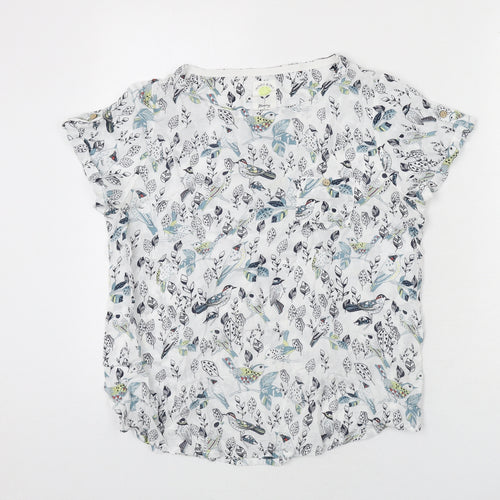 MANTARAY PRODUCTS Womens White Geometric Modal Basic Blouse Size 12 Round Neck - Birds, Leaves