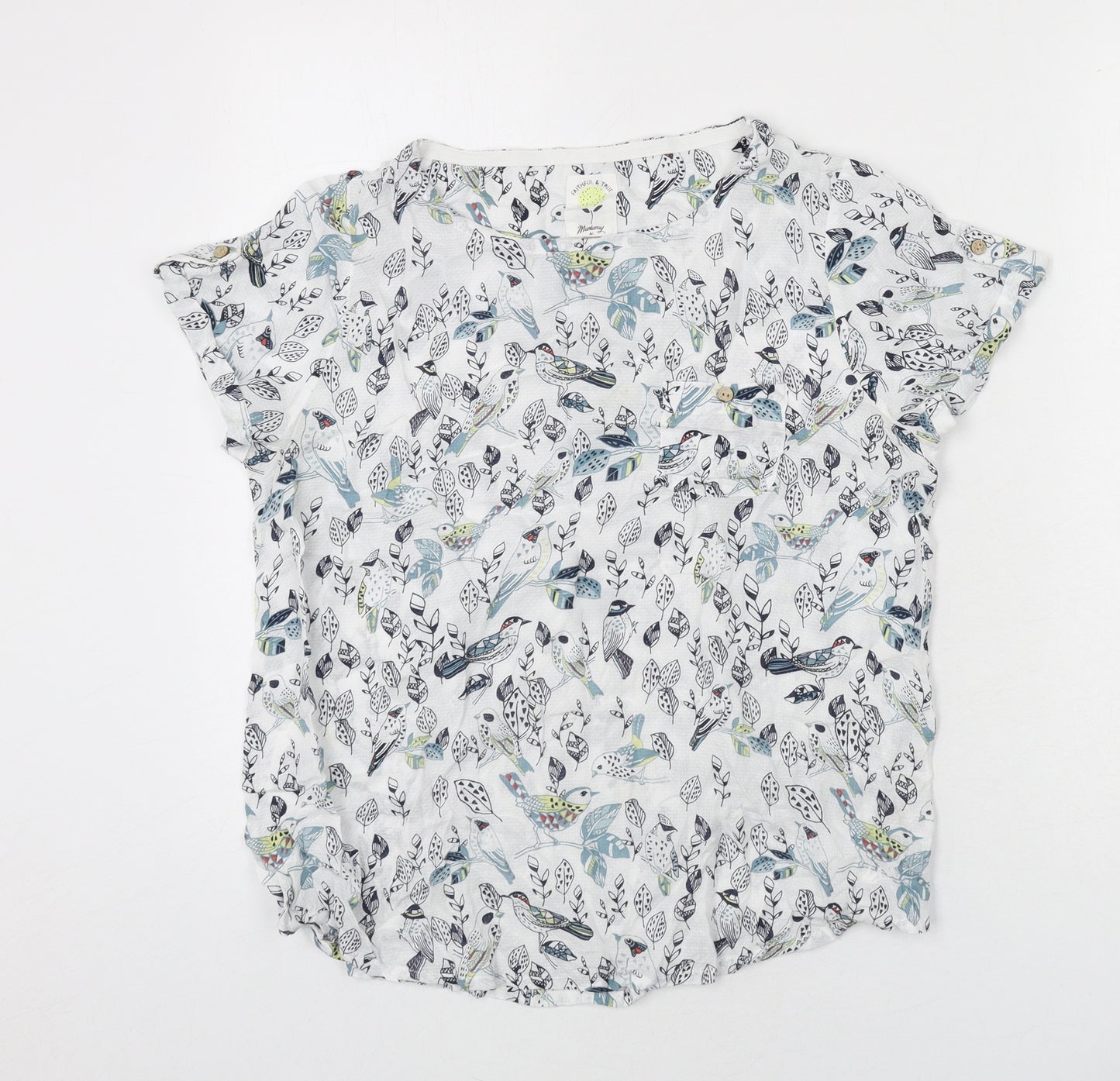 MANTARAY PRODUCTS Womens White Geometric Modal Basic Blouse Size 12 Round Neck - Birds, Leaves