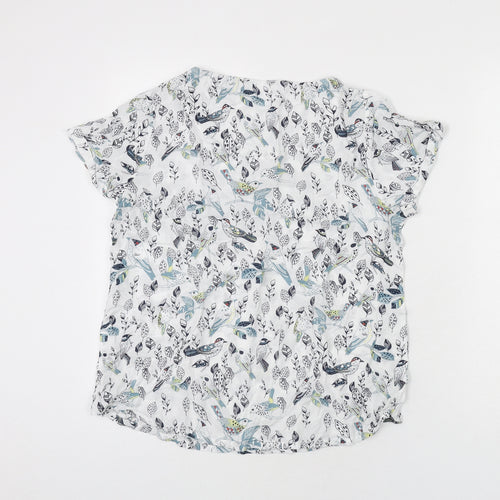 MANTARAY PRODUCTS Womens White Geometric Modal Basic Blouse Size 12 Round Neck - Birds, Leaves