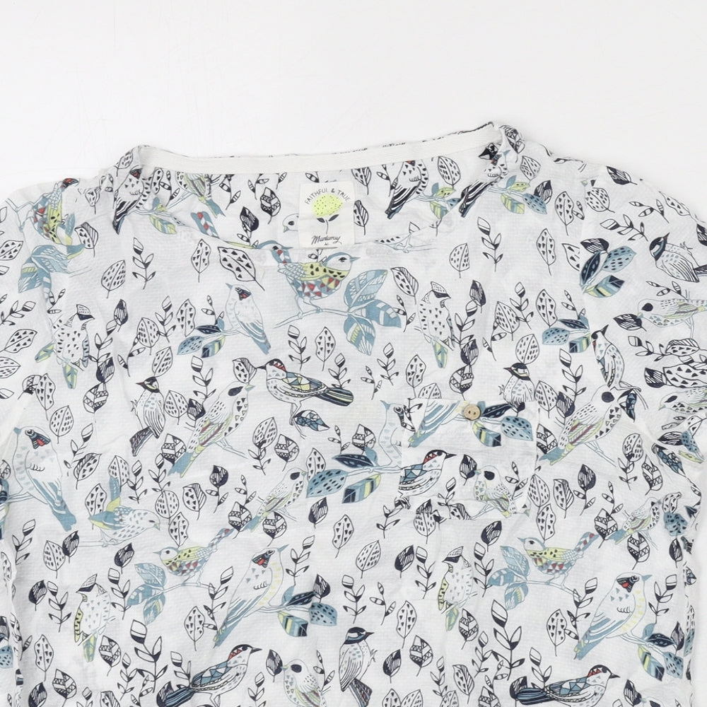 MANTARAY PRODUCTS Womens White Geometric Modal Basic Blouse Size 12 Round Neck - Birds, Leaves
