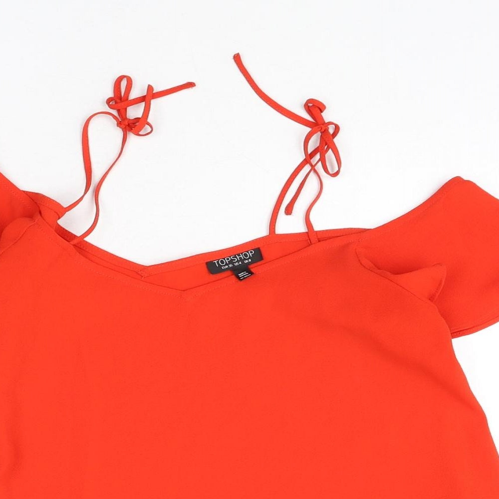 Topshop Womens Red Polyester Basic Blouse Size 12 V-Neck