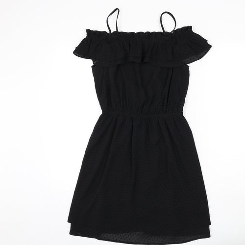 H&M Womens Black Polka Dot Polyester A-Line Size 10 Square Neck Pullover - Ruffle Detail