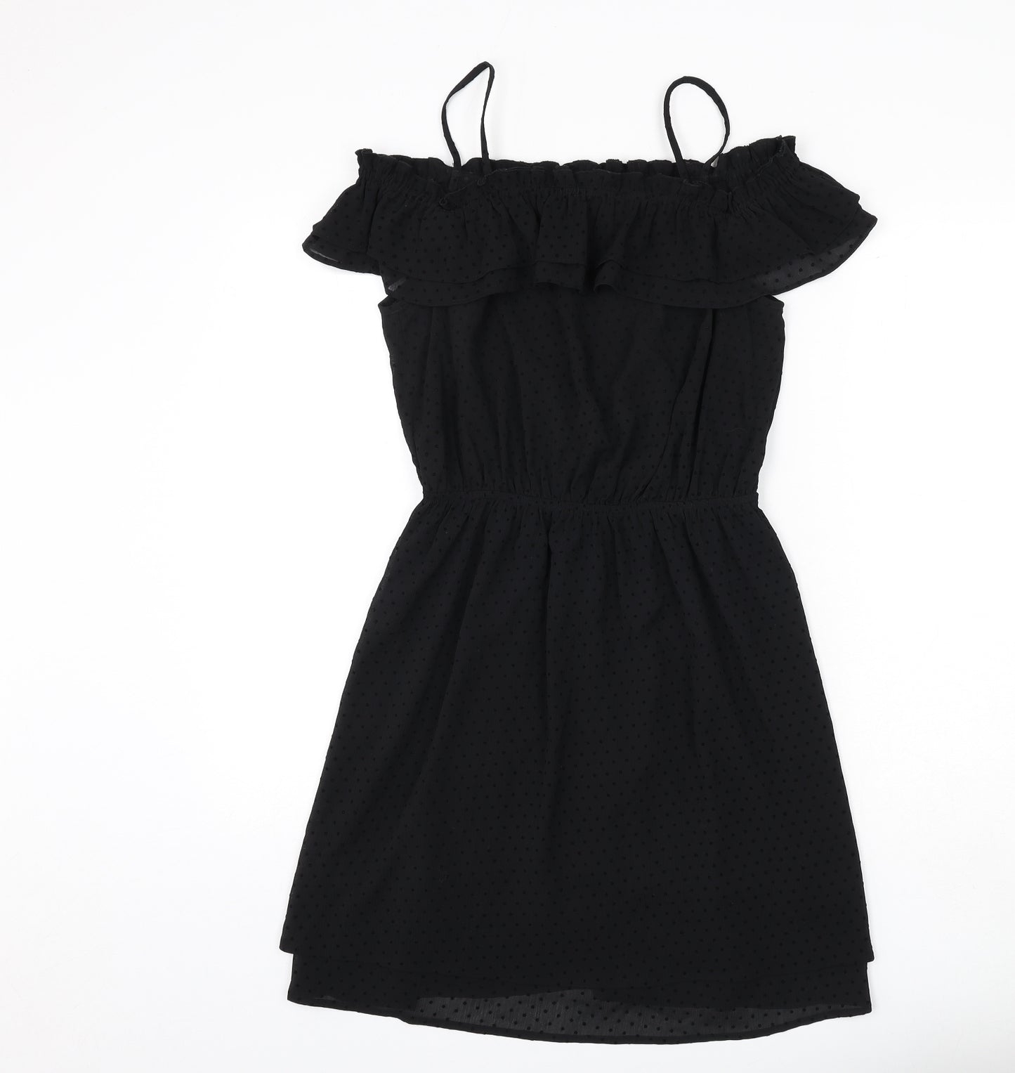 H&M Womens Black Polka Dot Polyester A-Line Size 10 Square Neck Pullover - Ruffle Detail