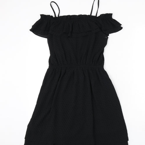 H&M Womens Black Polka Dot Polyester A-Line Size 10 Square Neck Pullover - Ruffle Detail