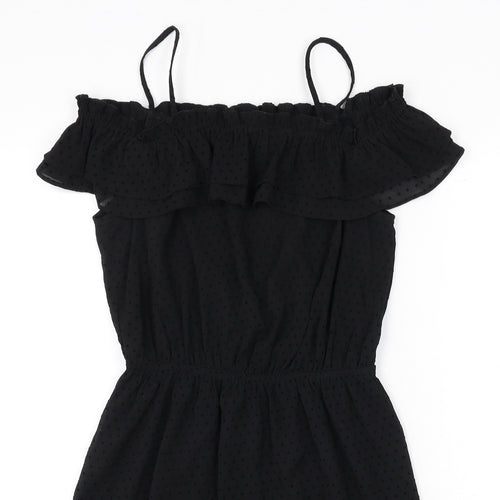 H&M Womens Black Polka Dot Polyester A-Line Size 10 Square Neck Pullover - Ruffle Detail