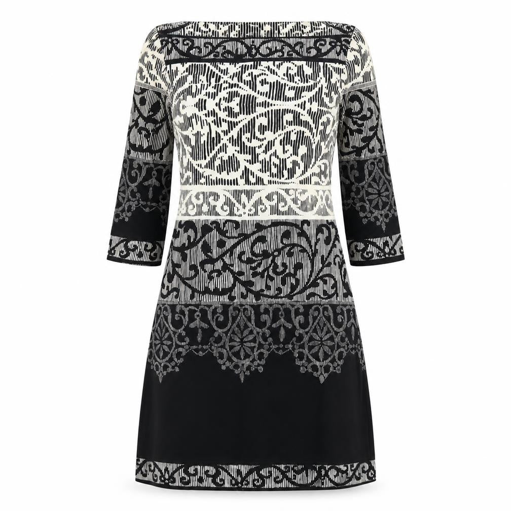 Front view of BHS women’s black geometric polyester a-line, size UK 12, boat neck pullover