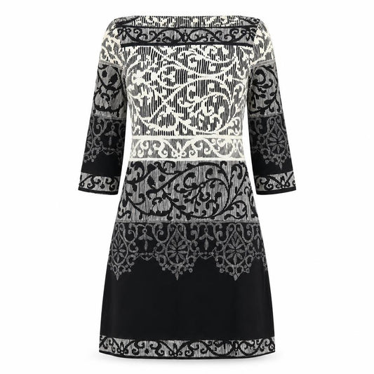Front view of BHS women’s black geometric polyester a-line, size UK 12, boat neck pullover