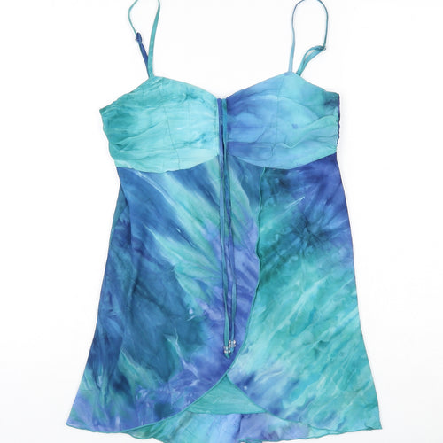 Select Womens Blue Geometric Polyester Camisole Tank Size 8 V-Neck - Ruched Front, Tie Detail, Gradient