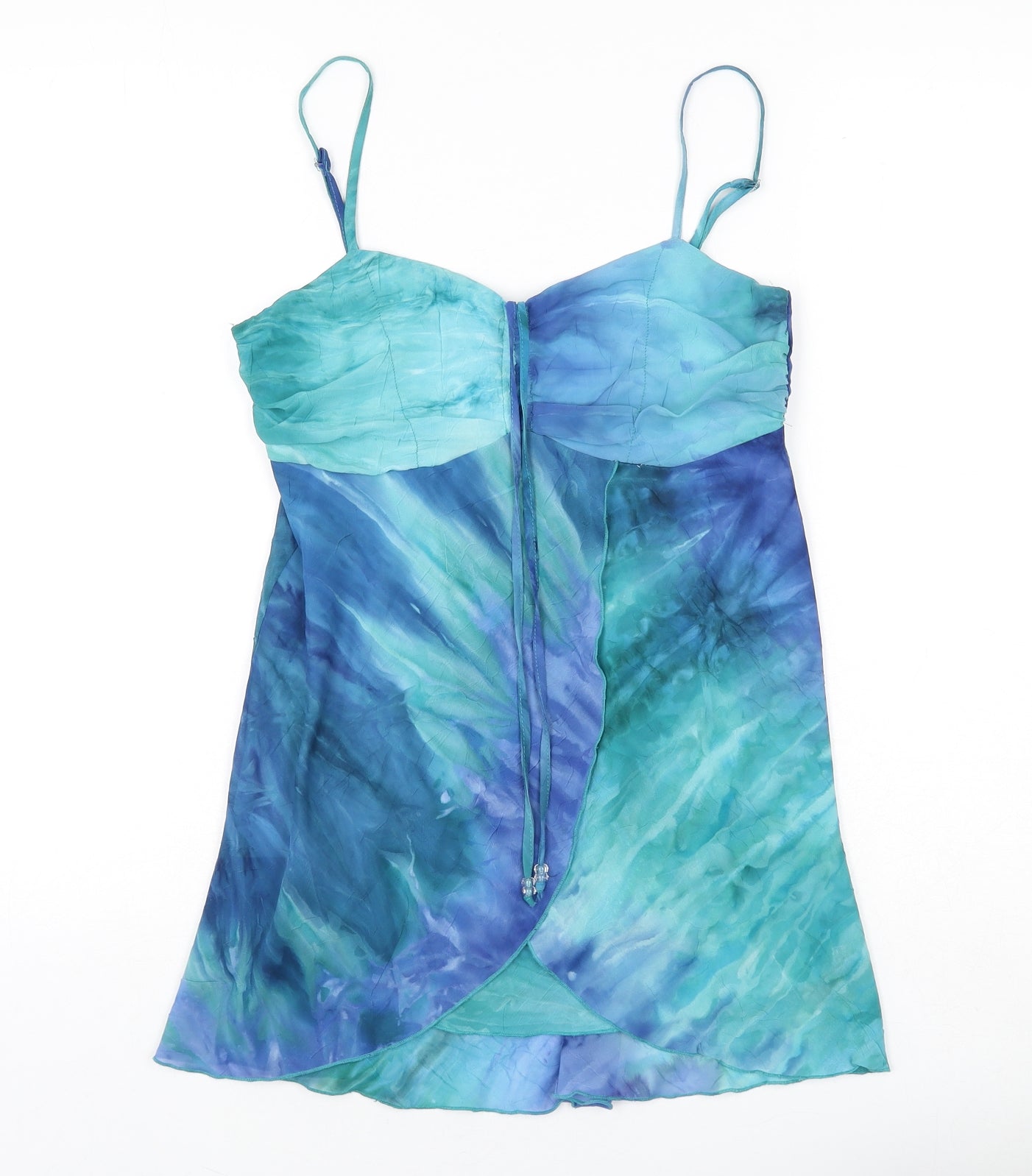 Select Womens Blue Geometric Polyester Camisole Tank Size 8 V-Neck - Ruched Front, Tie Detail, Gradient