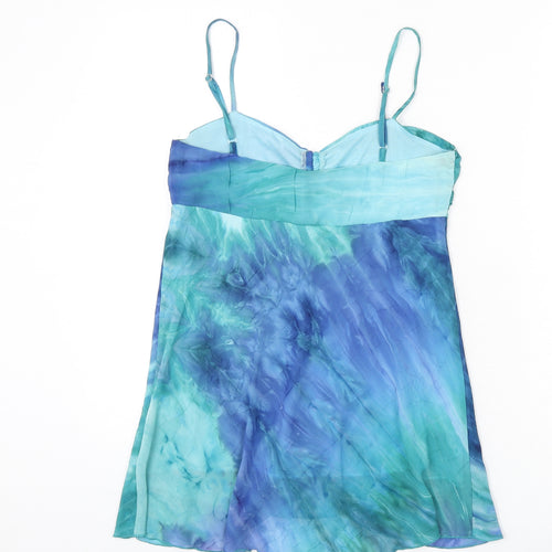 Select Womens Blue Geometric Polyester Camisole Tank Size 8 V-Neck - Ruched Front, Tie Detail, Gradient