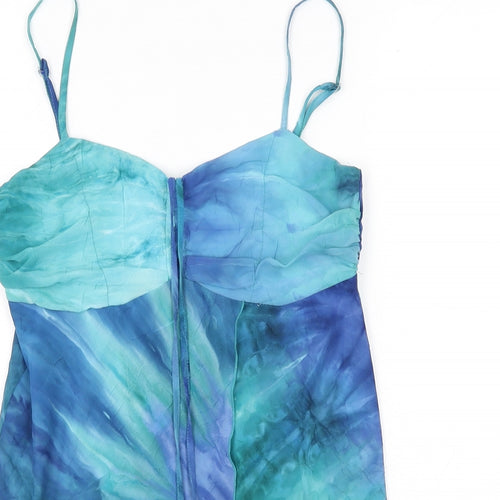 Select Womens Blue Geometric Polyester Camisole Tank Size 8 V-Neck - Ruched Front, Tie Detail, Gradient