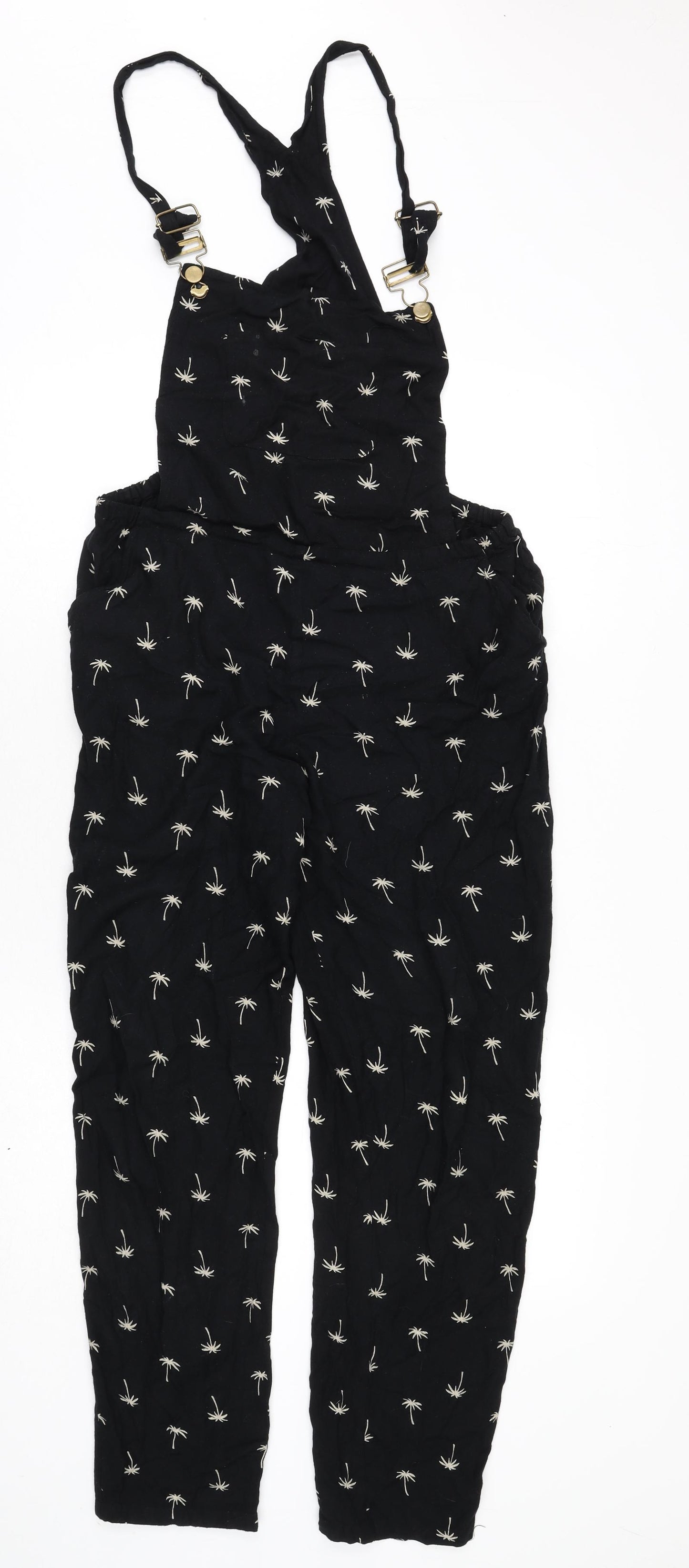 Sugarhill Womens Black Geometric Viscose Dungaree One-Piece Size 14 L27 in Buckle - Palm Trees