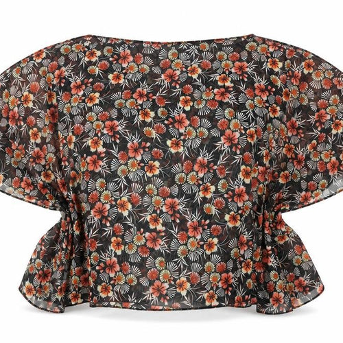 Be Beau Womens Black Floral Polyester Cropped Blouse Size S Boat Neck