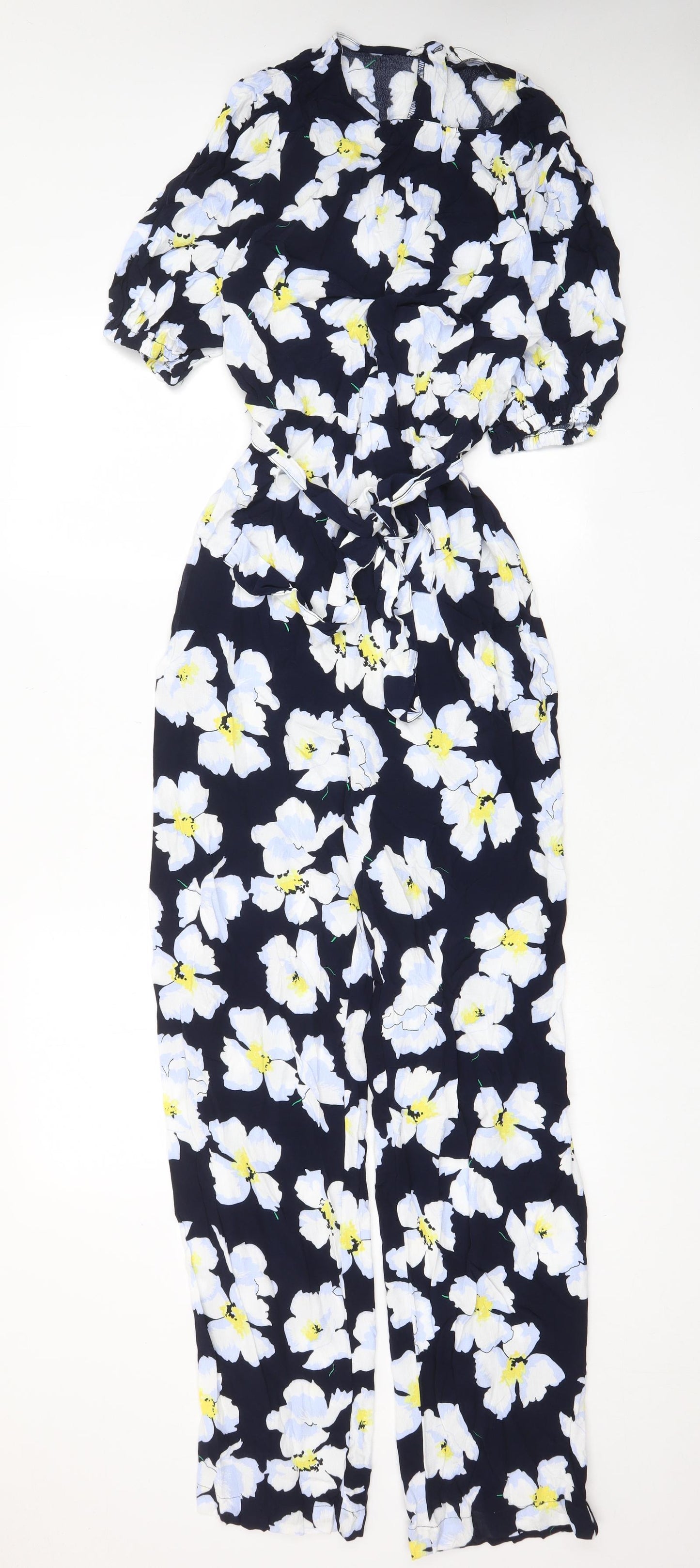 Marks and Spencer Womens Blue Floral Viscose Jumpsuit One-Piece Size 10 L29 in Zip - Belted