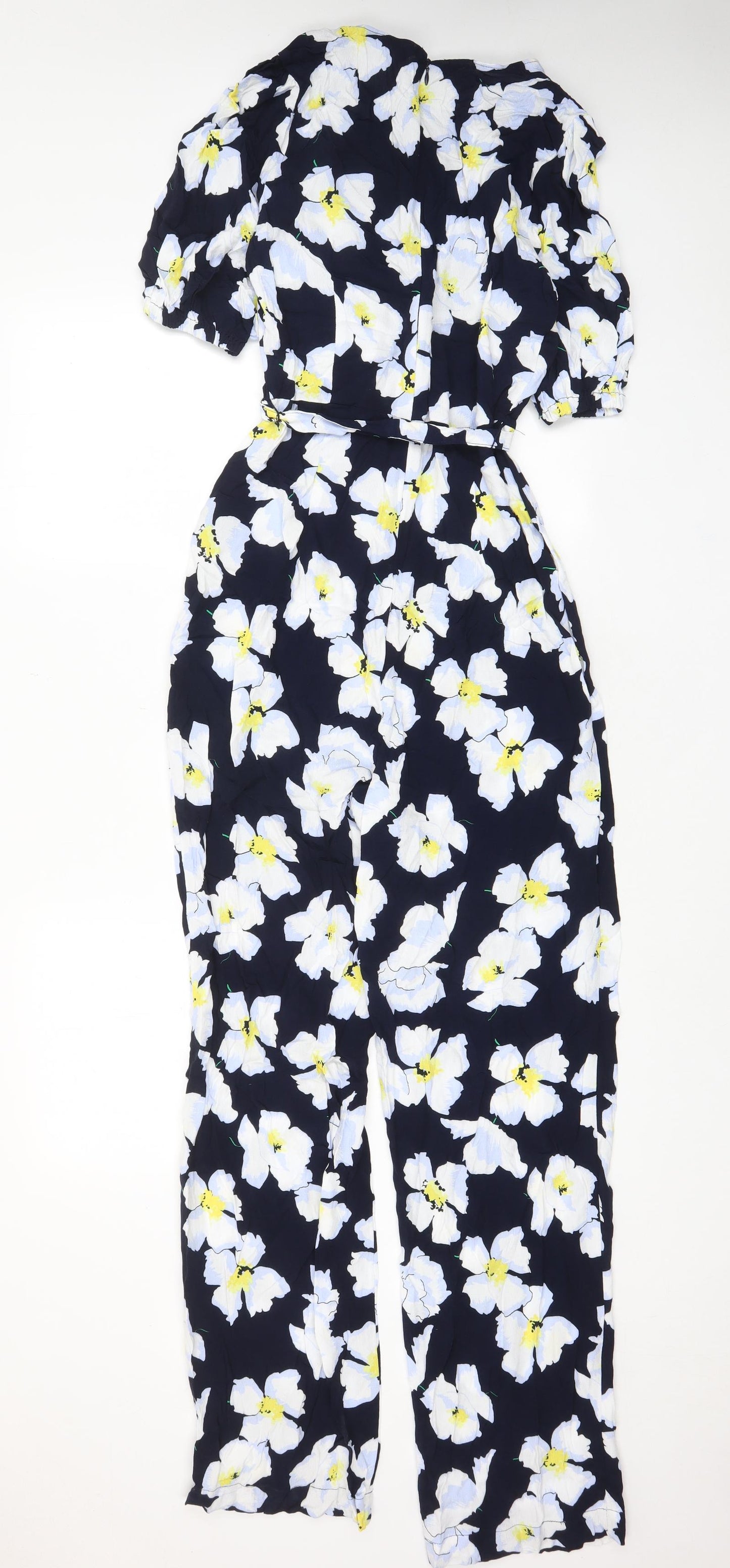 Marks and Spencer Womens Blue Floral Viscose Jumpsuit One-Piece Size 10 L29 in Zip - Belted