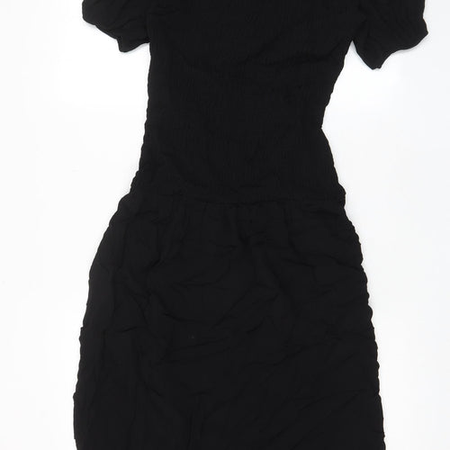 Marks and Spencer Womens Black Viscose Fit & Flare Size 10 Crew Neck Button - Pleated, Stretch