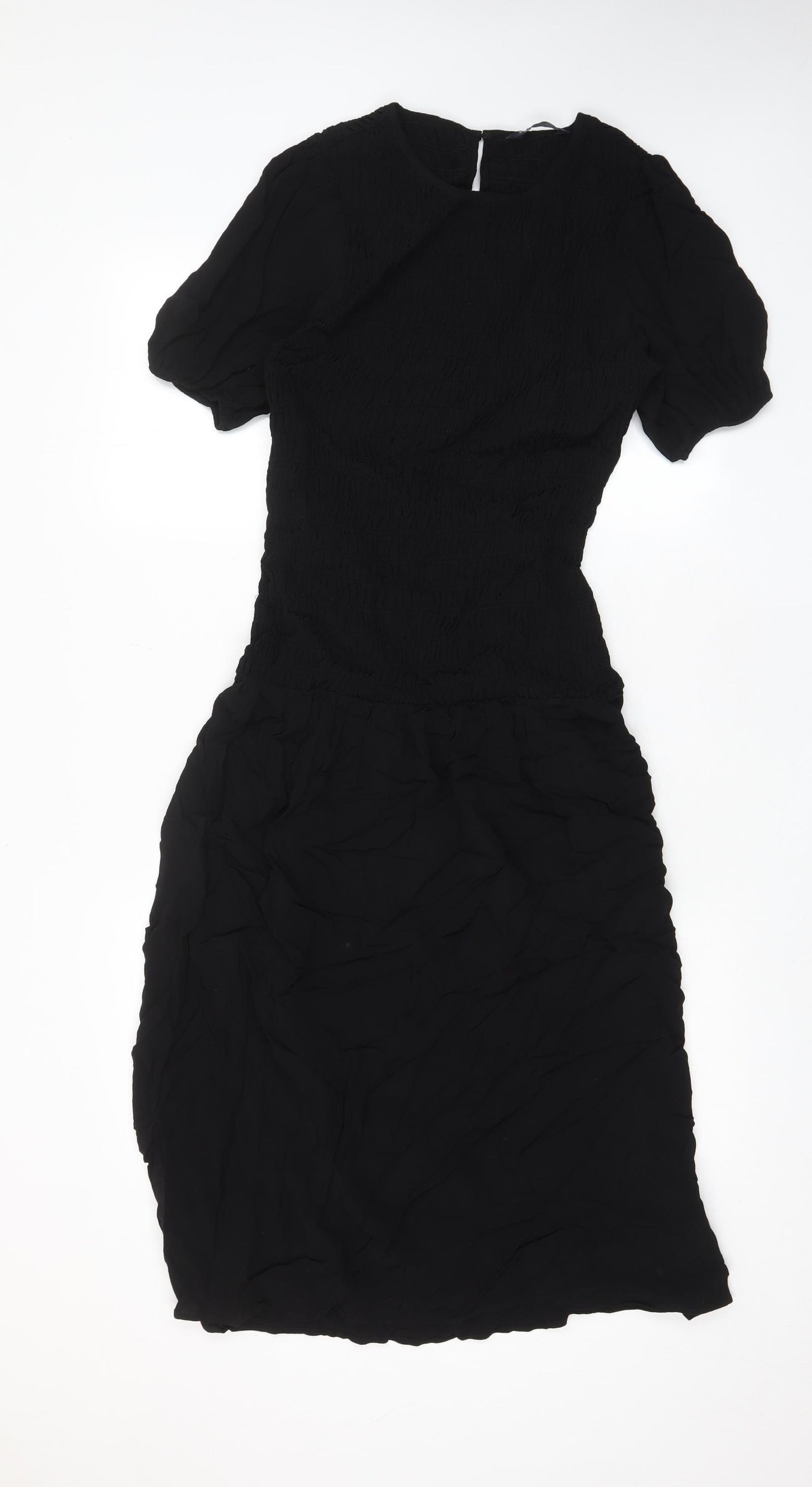 Marks and Spencer Womens Black Viscose Fit & Flare Size 10 Crew Neck Button - Pleated, Stretch