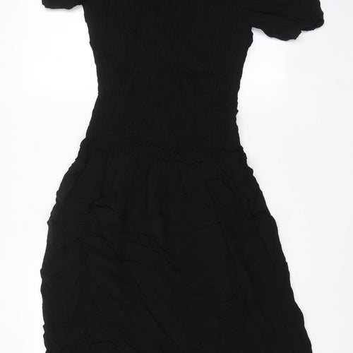 Marks and Spencer Womens Black Viscose Fit & Flare Size 10 Crew Neck Button - Pleated, Stretch