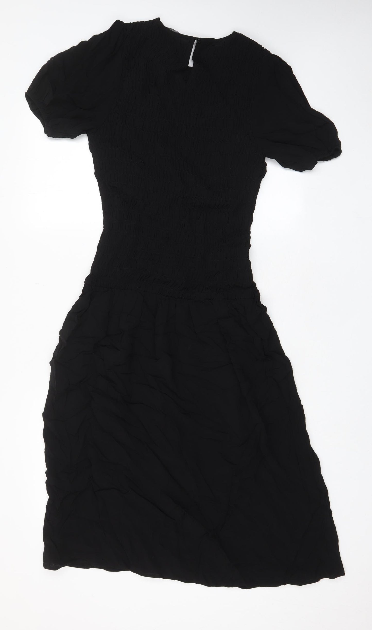 Marks and Spencer Womens Black Viscose Fit & Flare Size 10 Crew Neck Button - Pleated, Stretch